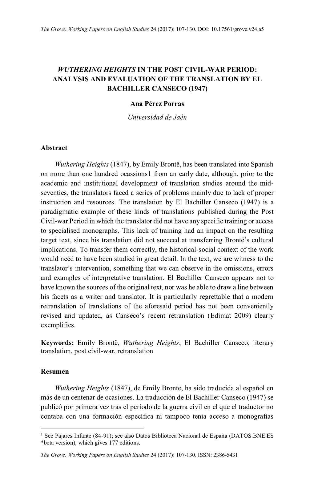 Wuthering Heights in the Post Civil-War Period: Analysis and Evaluation of the Translation by El Bachiller Canseco (1947)