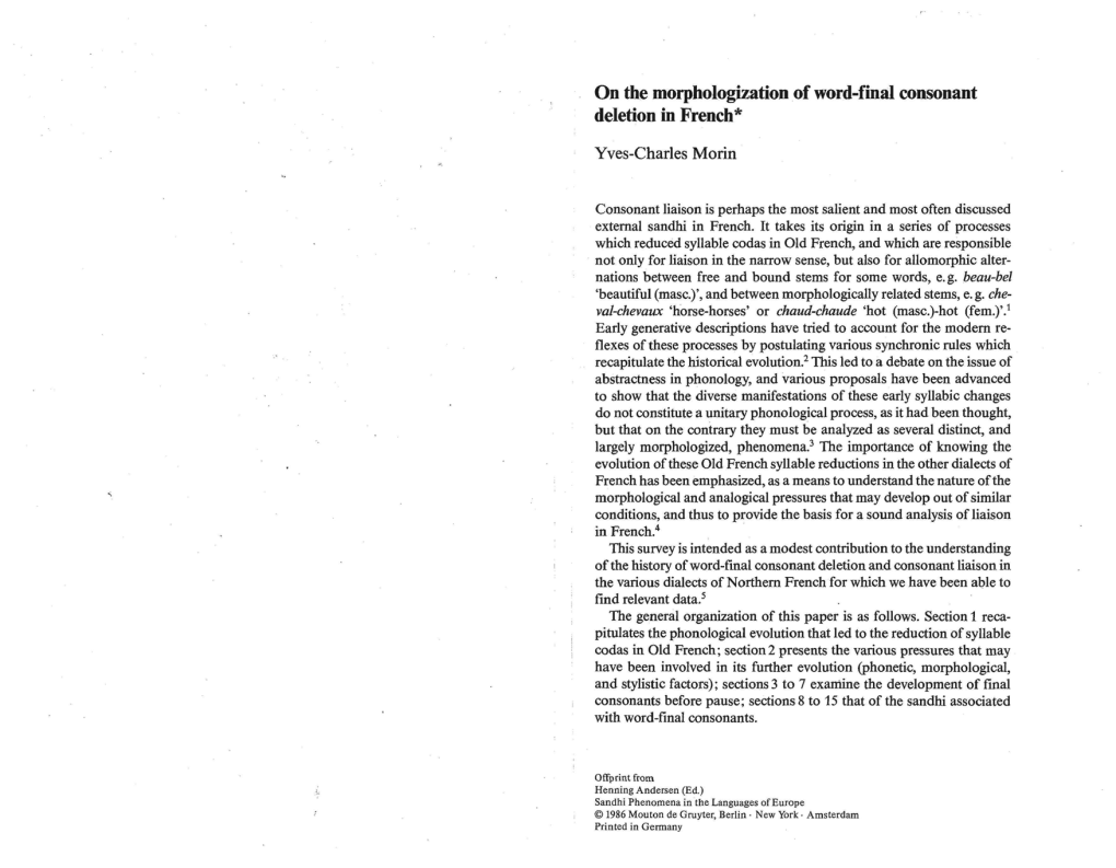 On the Morphologization of Word-Final Consonant Deletion in French* Yves-Charles Morin