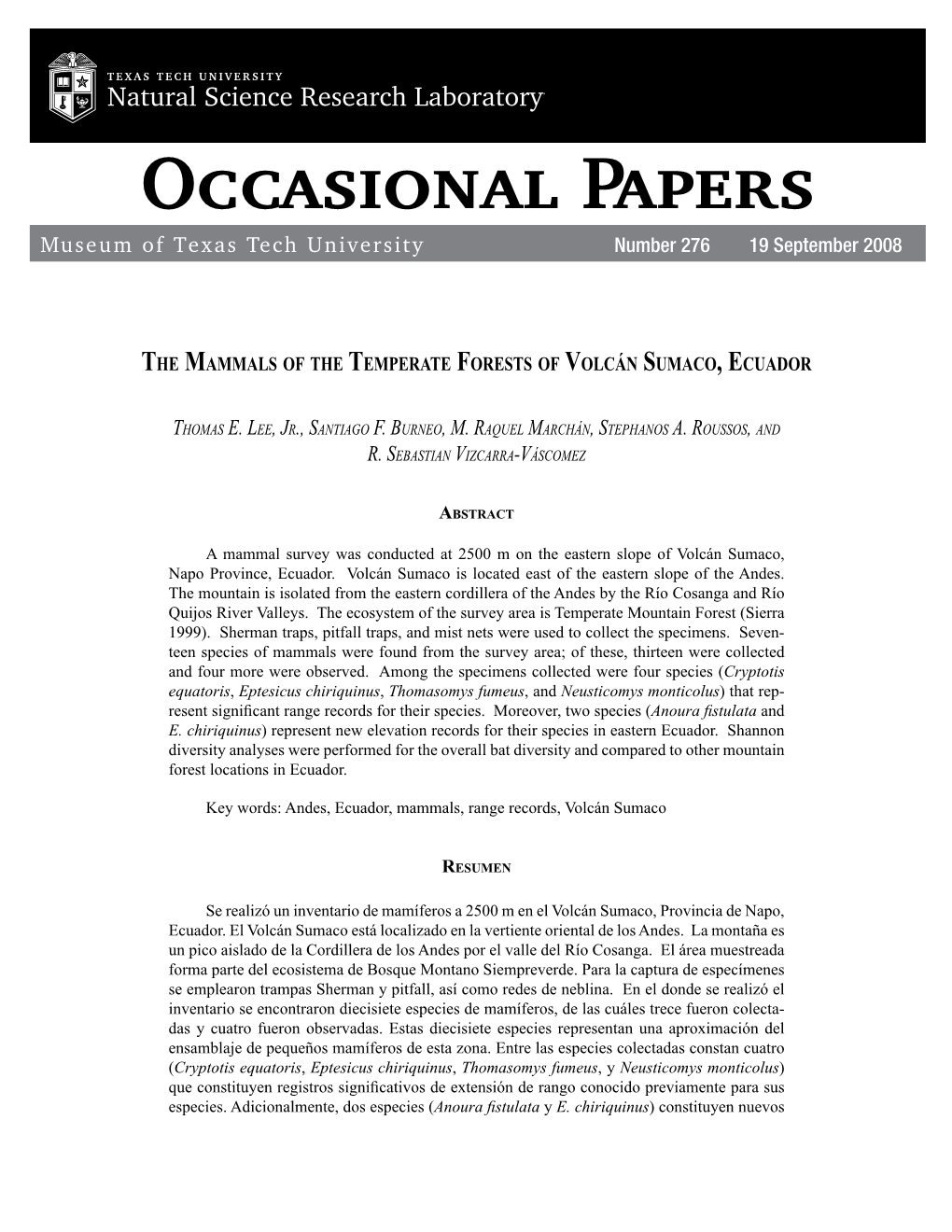 The Mammals of the Temperate Forests of Volcán Sumaco, Ecuador