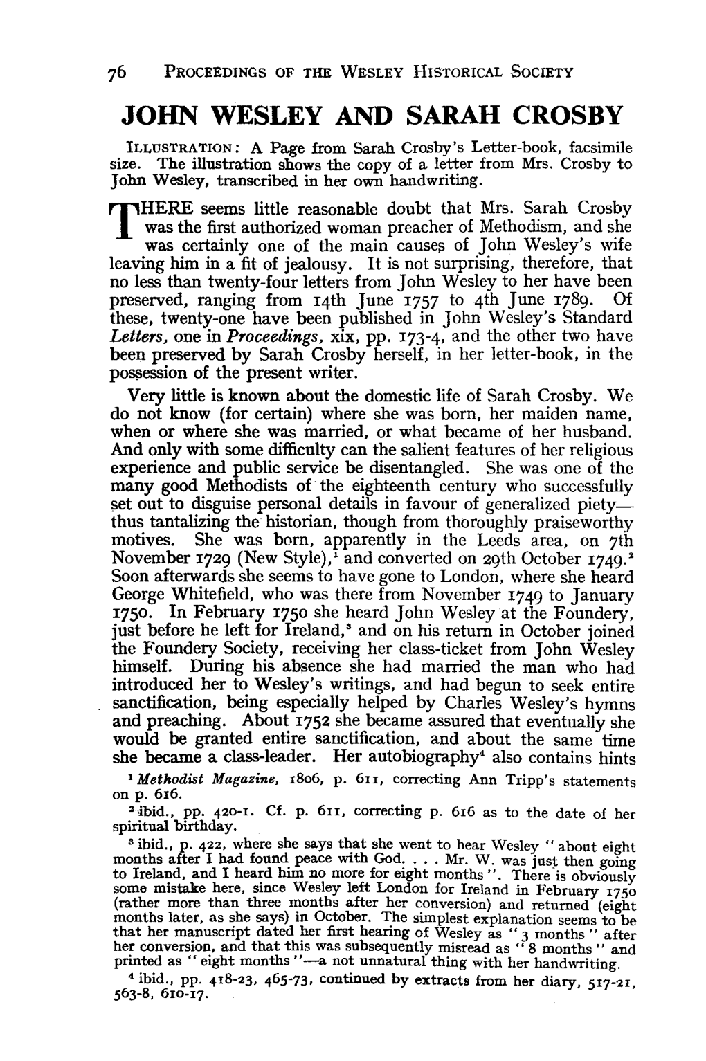 JOHN WESLEY and SARAH CROSBY ILLUSTRATION: a Page from Sarah Crosby's Letter-Book, Facsimile Size