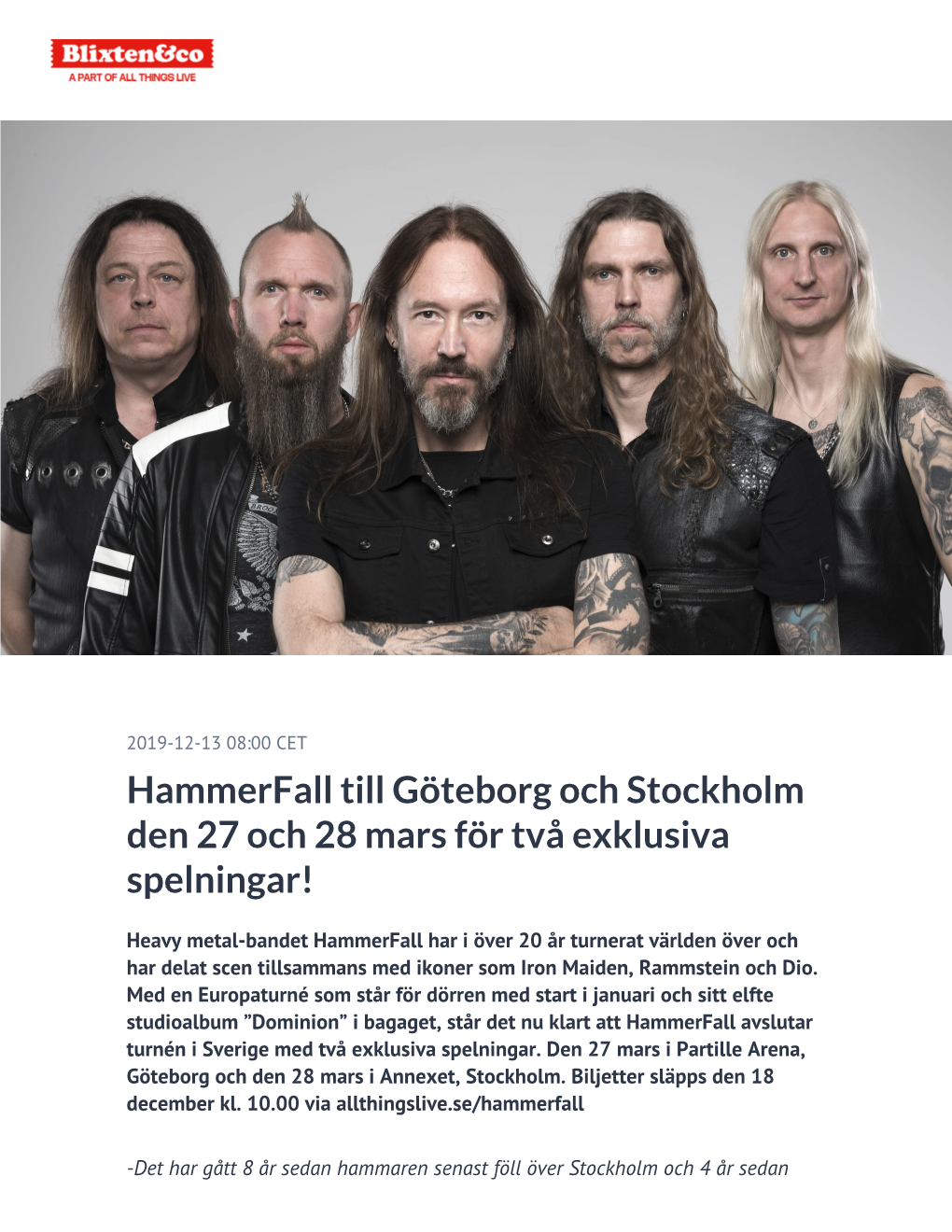 Hammerfall Till Göteborg Och Stockholm Den 27 Och 28 Mars För Två Exklusiva Spelningar!