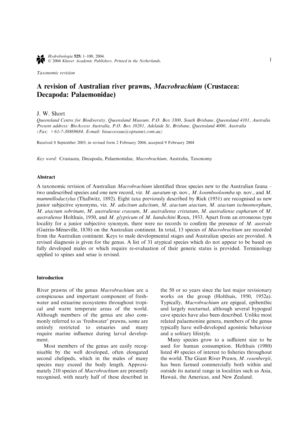 A Revision of Australian River Prawns, Macrobrachium (Crustacea: Decapoda: Palaemonidae)