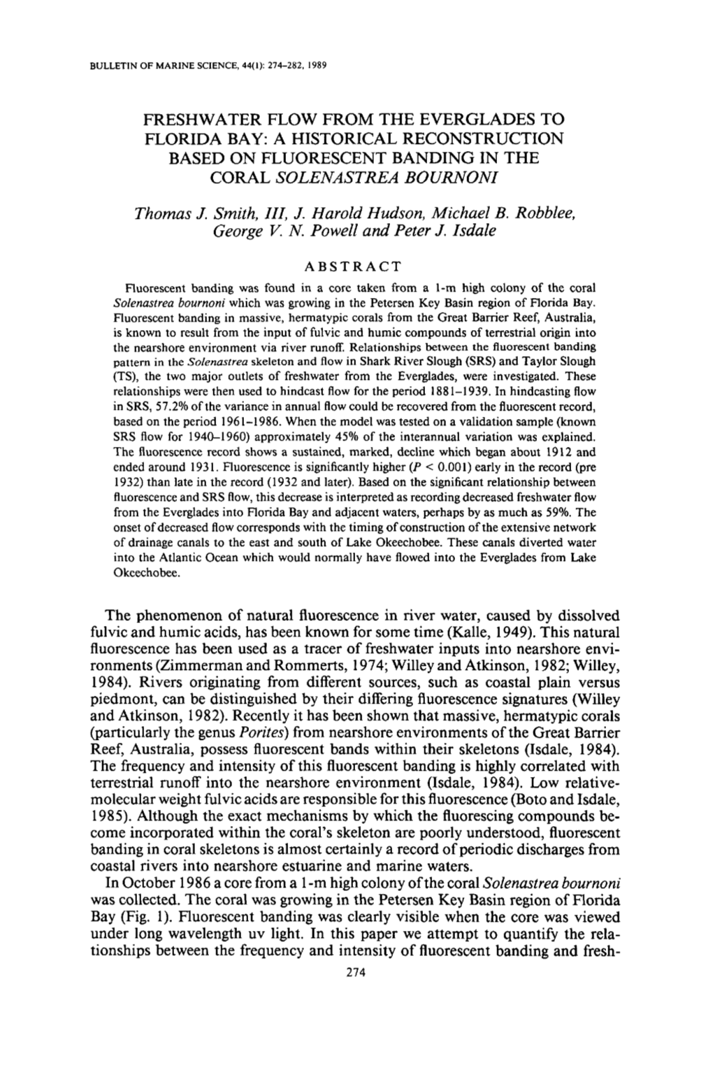 Freshwater Flow from the Everglades to Florida Bay: a Historical Reconstruction Based on Fluorescent Banding in the Coral Solenastrea Bournoni