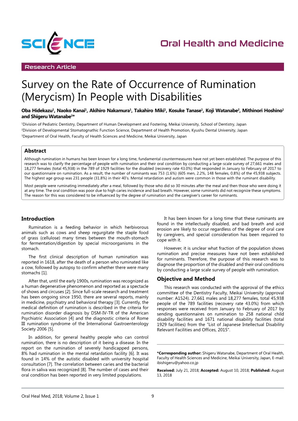 Survey on the Rate of Occurrence of Rumination (Merycism) in People with Disabilities