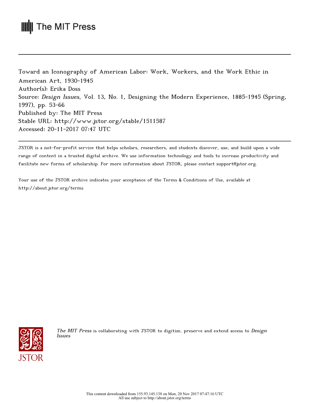 Toward an Iconography of American Labor: Work, Workers, and the Work Ethic in American Art, 1930-1945 Author(S): Erika Doss Source: Design Issues, Vol