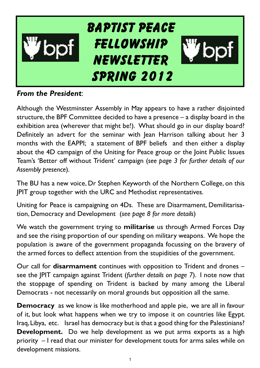 Baptist Peace Fellowship Newsletter SPRING 2012