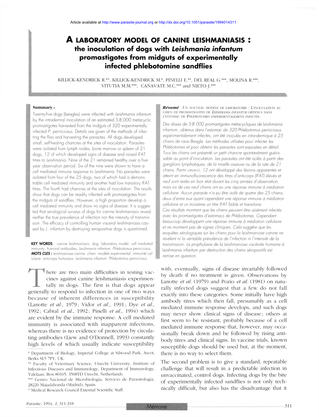 A Laboratory Model of Canine Leishmaniasis: the Inoculation Of