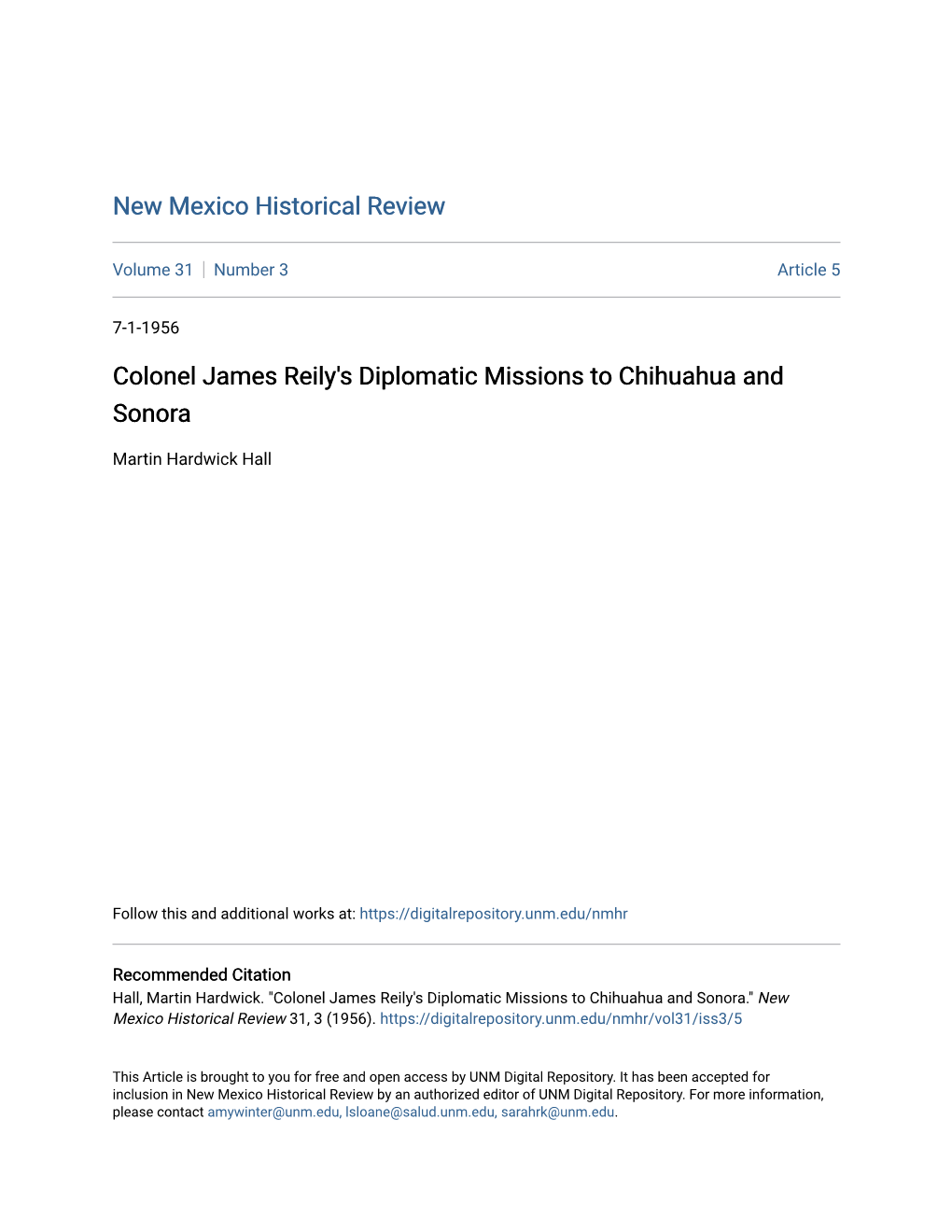 Colonel James Reily's Diplomatic Missions to Chihuahua and Sonora