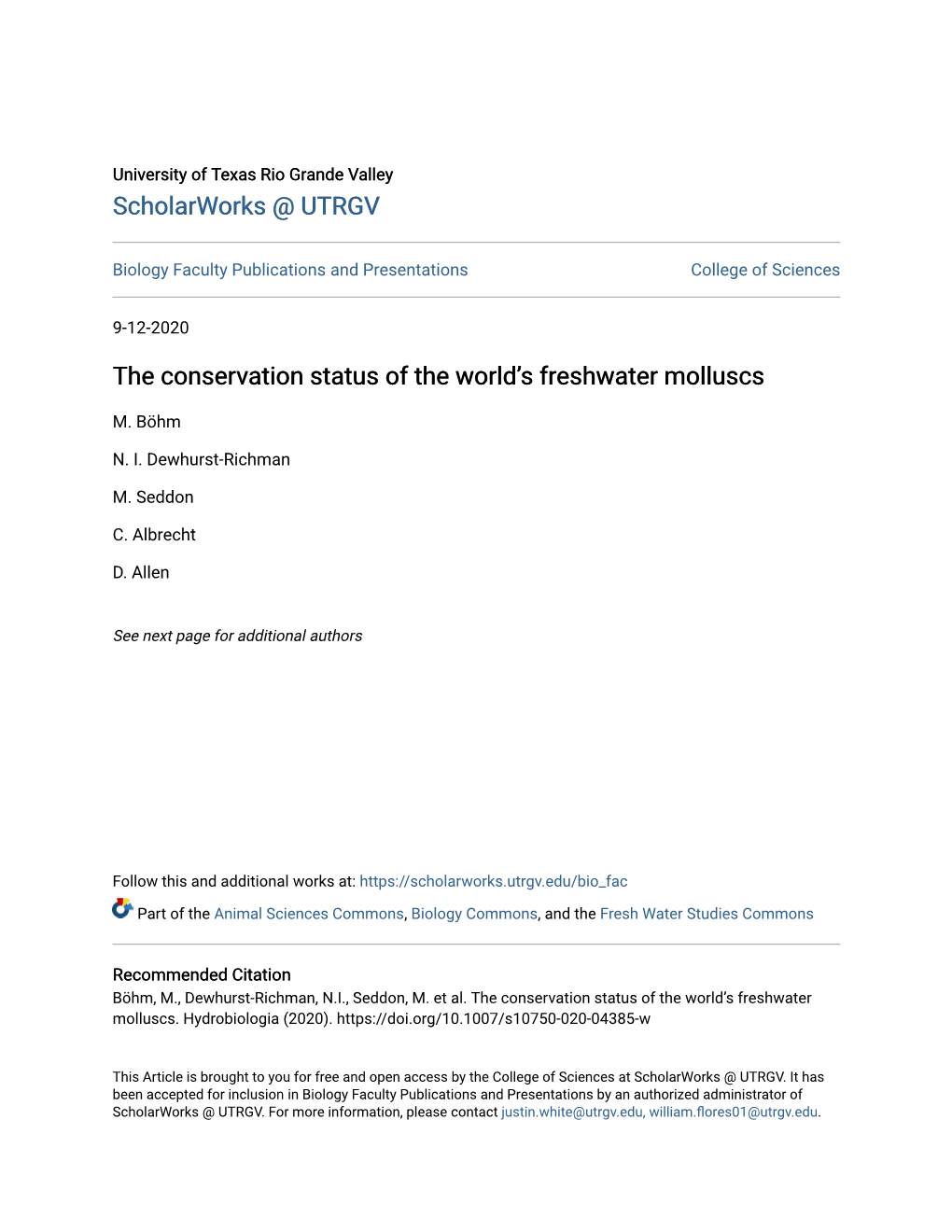 The Conservation Status of the World's Freshwater Molluscs