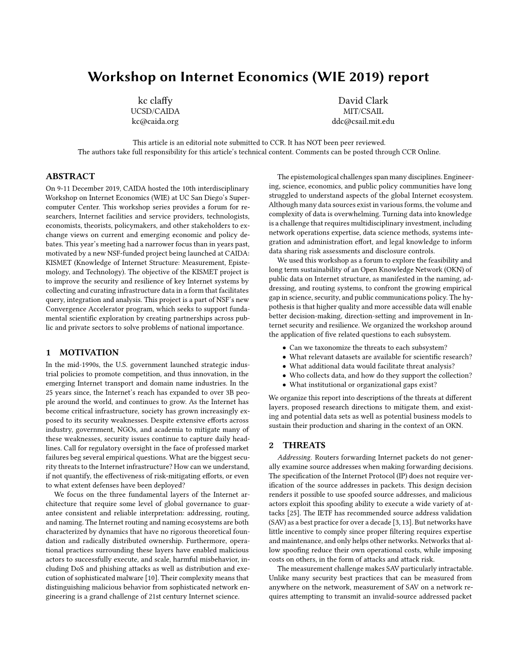 Workshop on Internet Economics (WIE 2019) Report