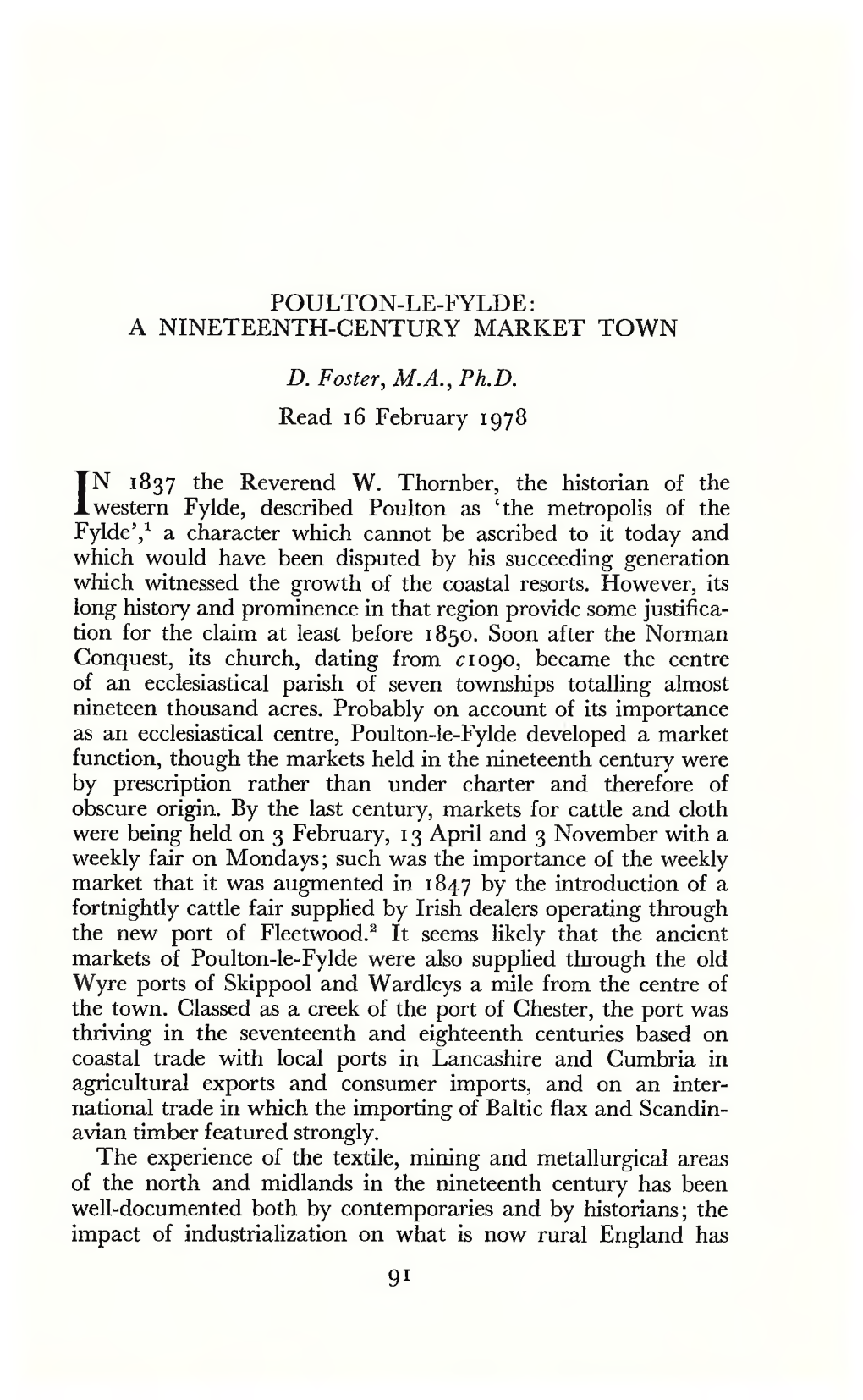 Poulton-Le-Fylde: a Nineteenth-Century Market Town