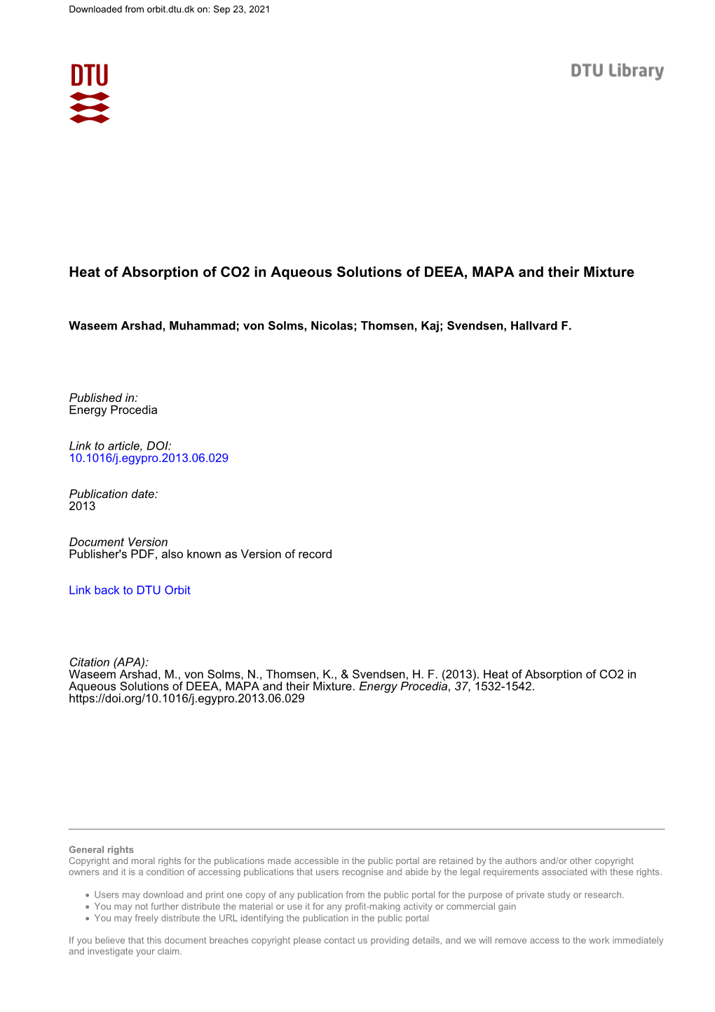 Heat of Absorption of CO2 in Aqueous Solutions of DEEA, MAPA and Their Mixture