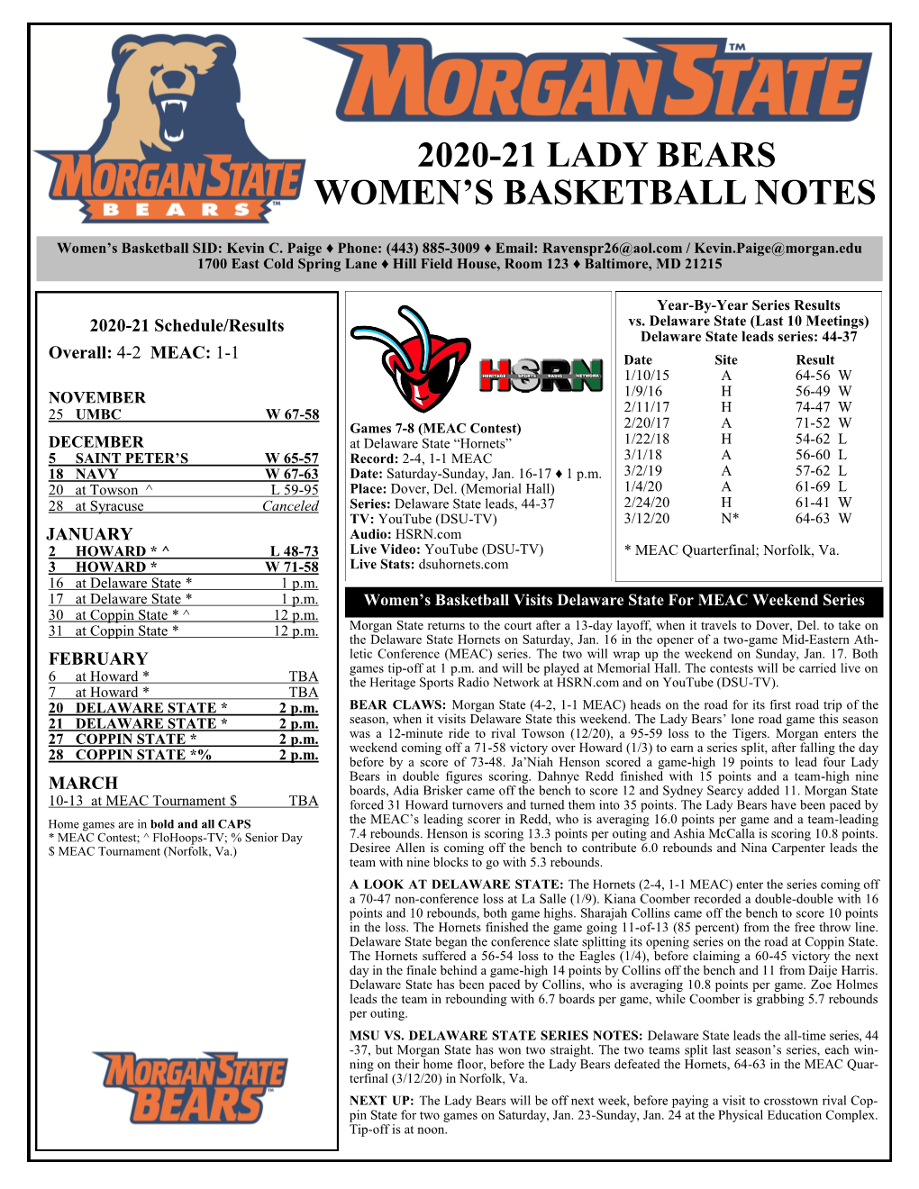 2020-21 Lady Bears Women's Basketball Notes