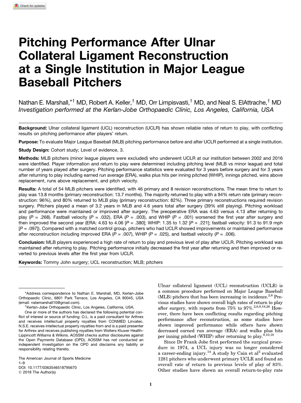 Pitching Performance After Ulnar Collateral Ligament Reconstruction at a Single Institution in Major League Baseball Pitchers
