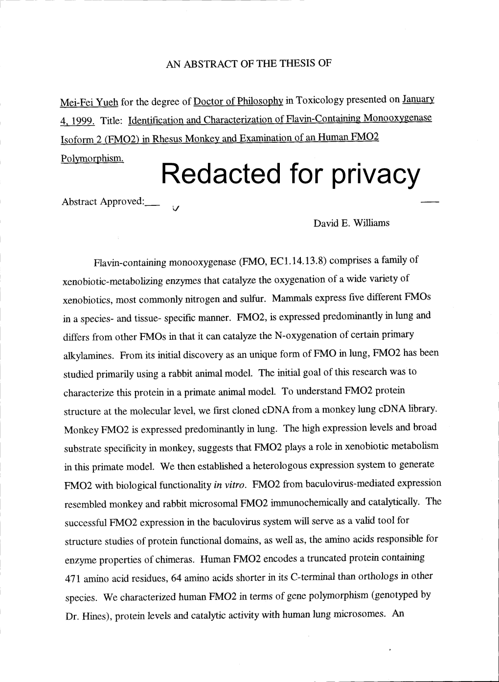 FMO2) in Rhesus Monkey and Examination of Anhuman FMO2 Polymorphism