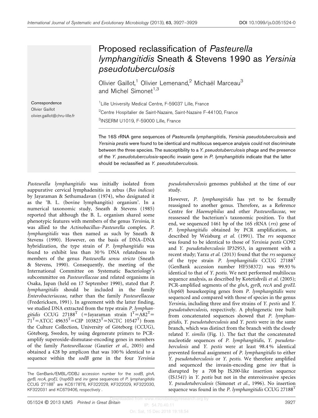 Proposed Reclassification of Pasteurella Lymphangitidis Sneath & Stevens 1990 As Yersinia Pseudotuberculosis