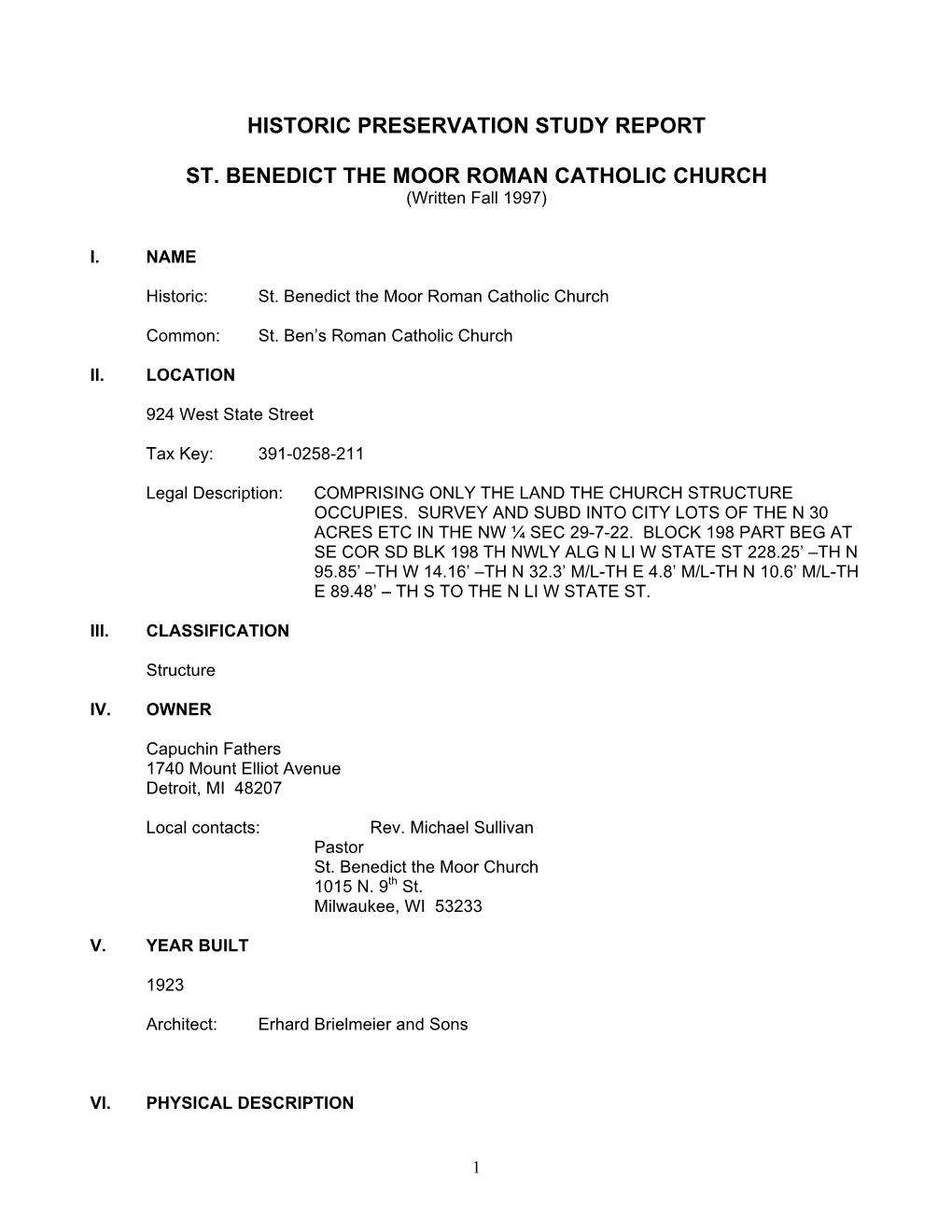Historic Preservation Study Report St. Benedict the Moor Roman Catholic