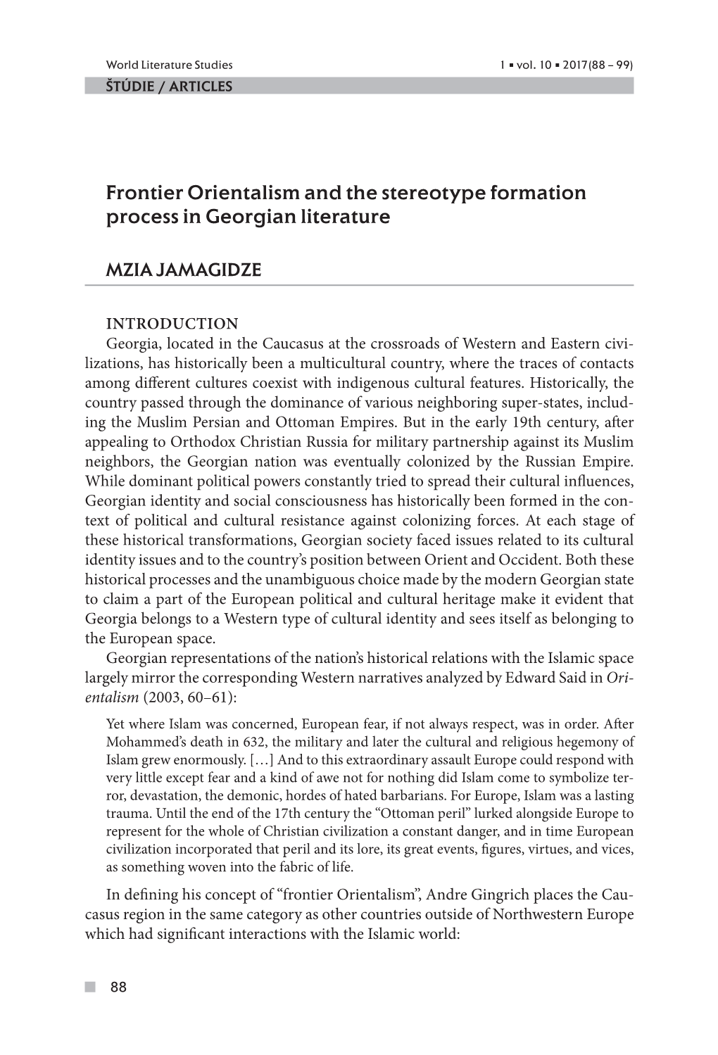Frontier Orientalism and the Stereotype Formation Process in Georgian Literature