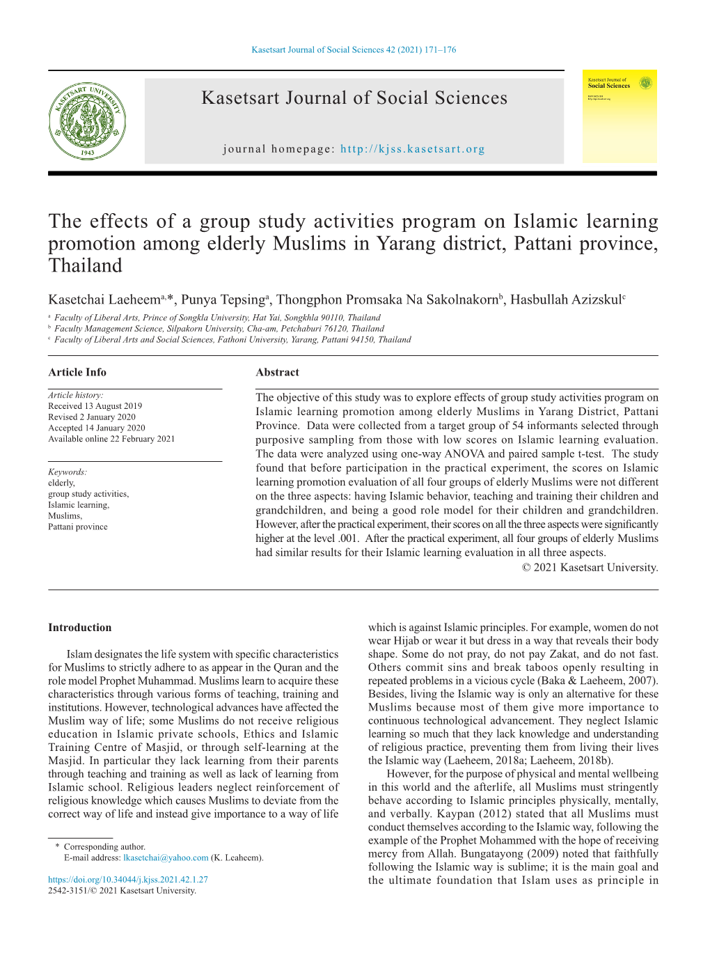 The Effects of a Group Study Activities Program on Islamic Learning Promotion Among Elderly Muslims in Yarang District, Pattani Province, Thailand