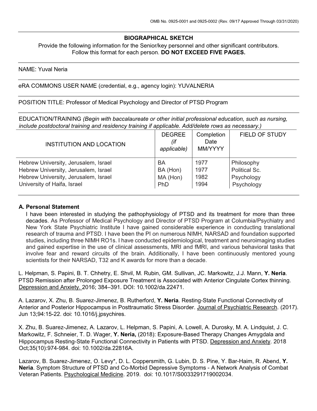 OMB No. 0925-0046, Biographical Sketch Format Page