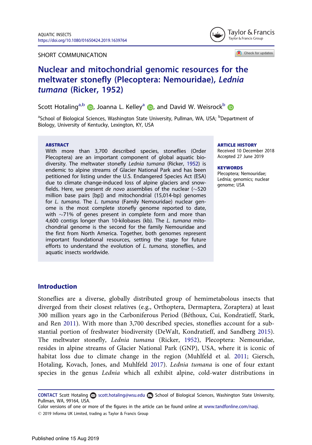 Nuclear and Mitochondrial Genomic Resources for the Meltwater Stonefly (Plecoptera: Nemouridae), Lednia Tumana (Ricker, 1952)