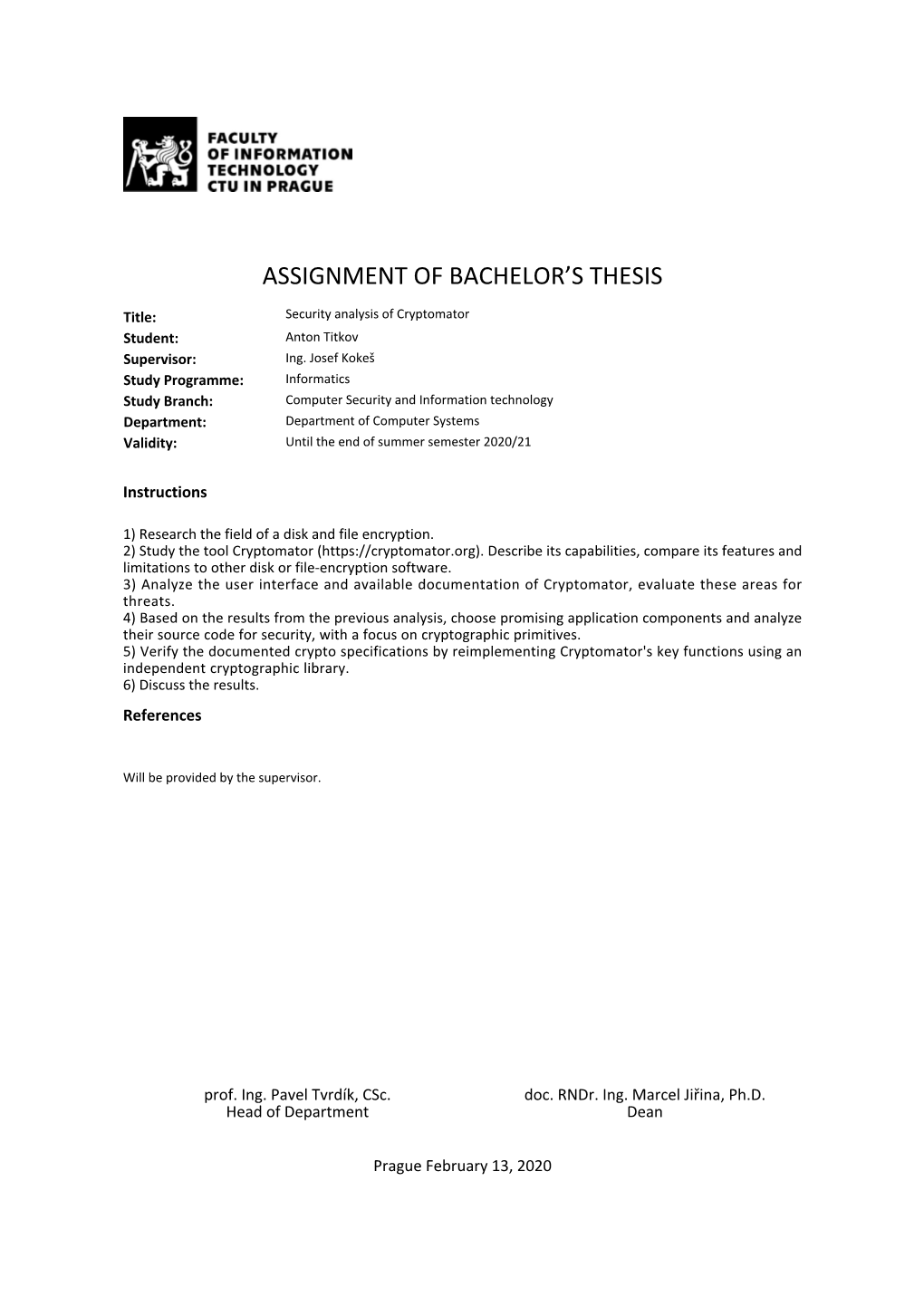 Assignment of Bachelor's Thesis