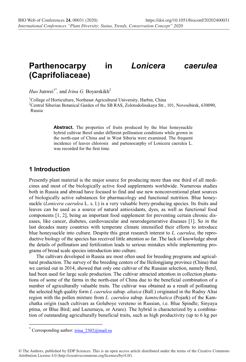 Parthenocarpy in Lonicera Caerulea (Caprifoliaceae)