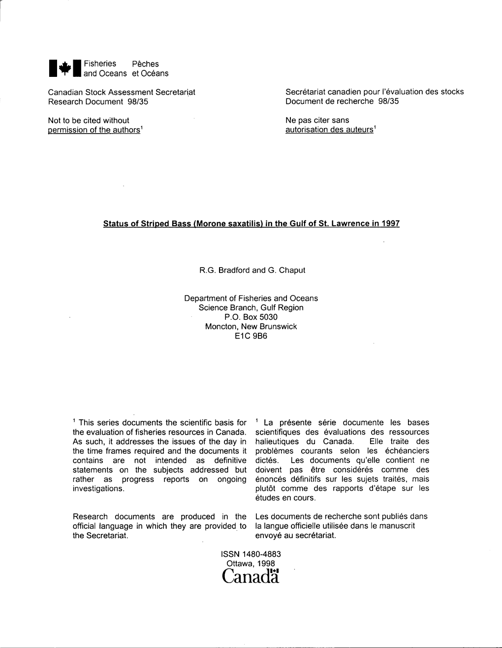 Status of Stripped Bass in the Gulf of the St. Lawrence in 1997