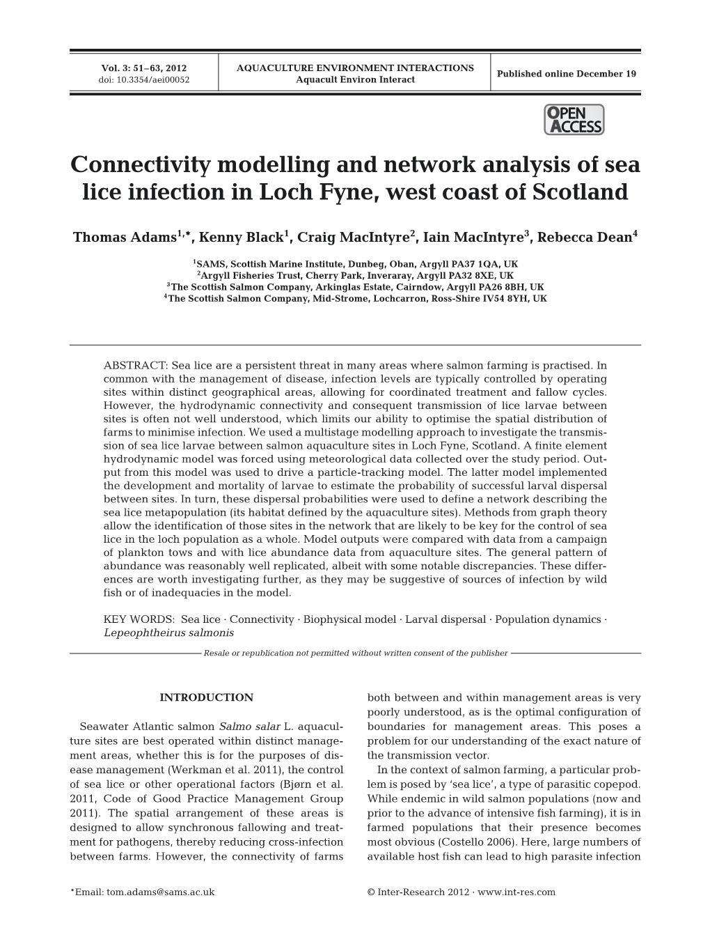 Connectivity Modelling and Network Analysis of Sea Lice Infection in Loch Fyne, West Coast of Scotland