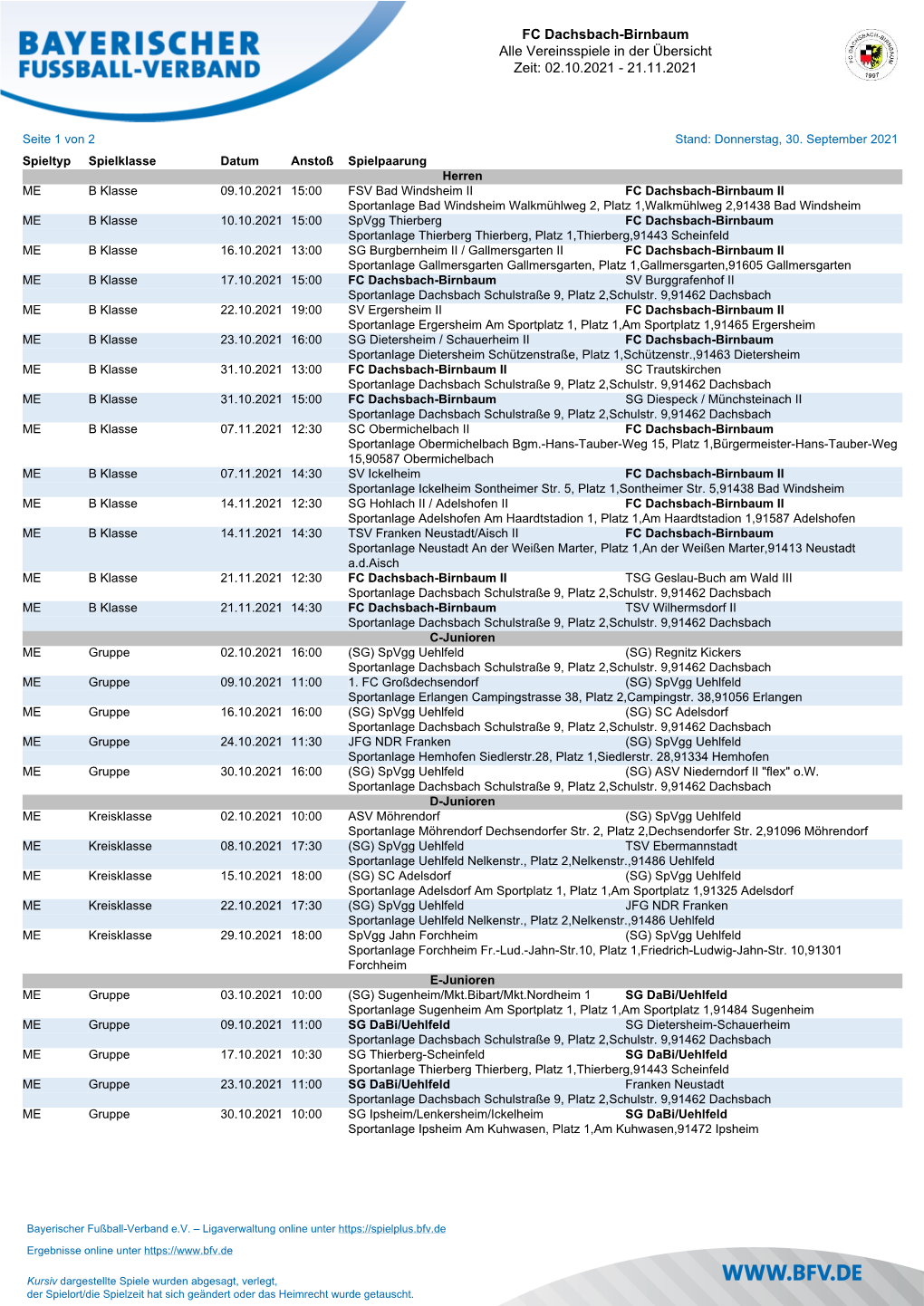 FC Dachsbach-Birnbaum Alle Vereinsspiele in Der Übersicht Zeit: 02.10.2021 - 21.11.2021