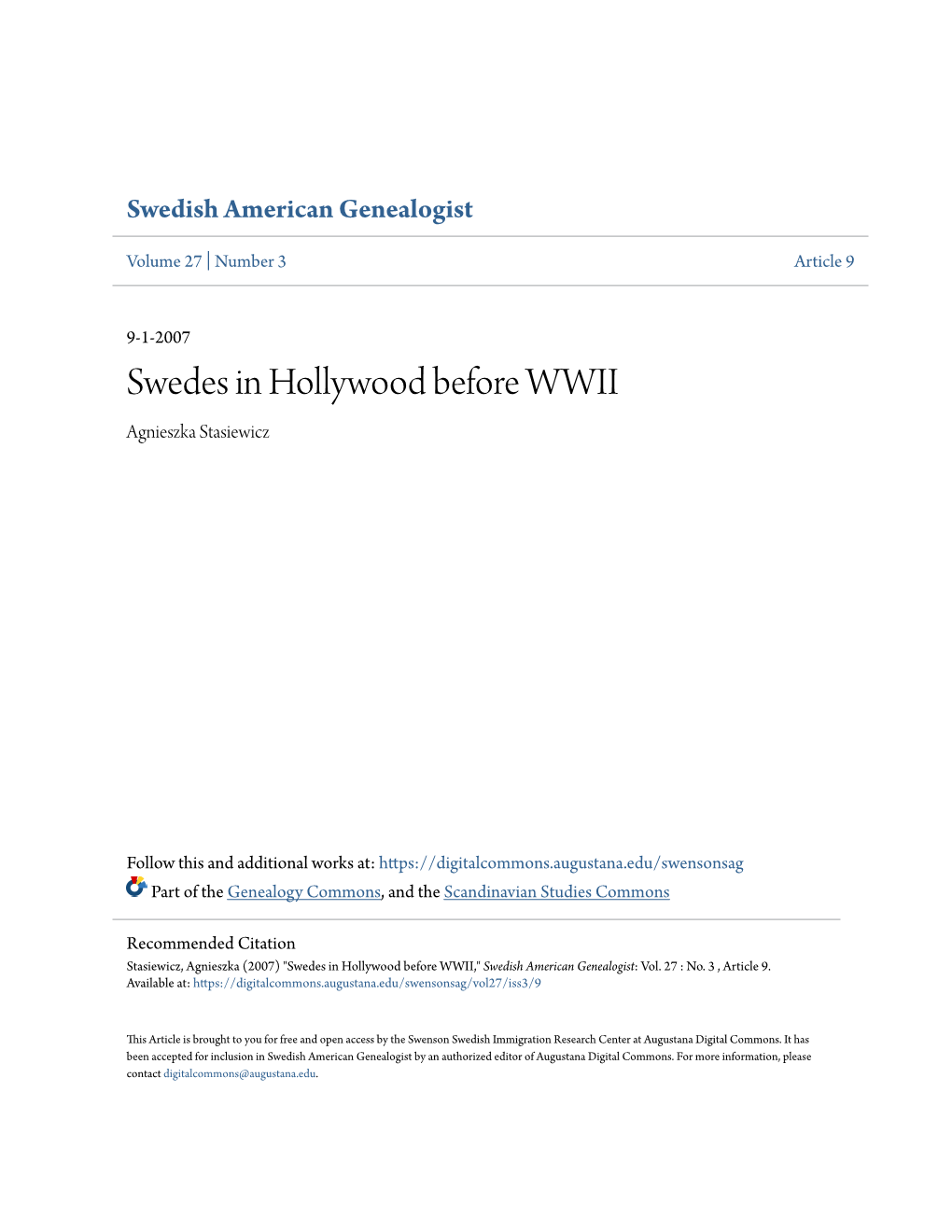 Swedes in Hollywood Before WWII Agnieszka Stasiewicz