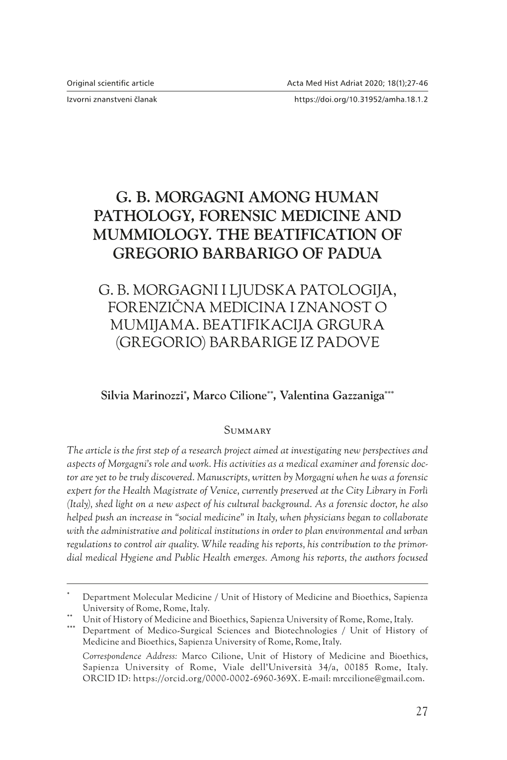 G. B. Morgagni Among Human Pathology, Forensic Medicine and Mummiology