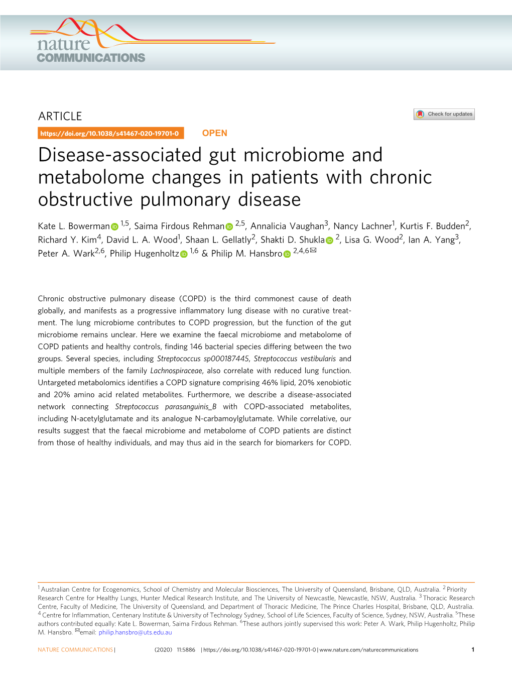Disease-Associated Gut Microbiome and Metabolome Changes in Patients with Chronic Obstructive Pulmonary Disease
