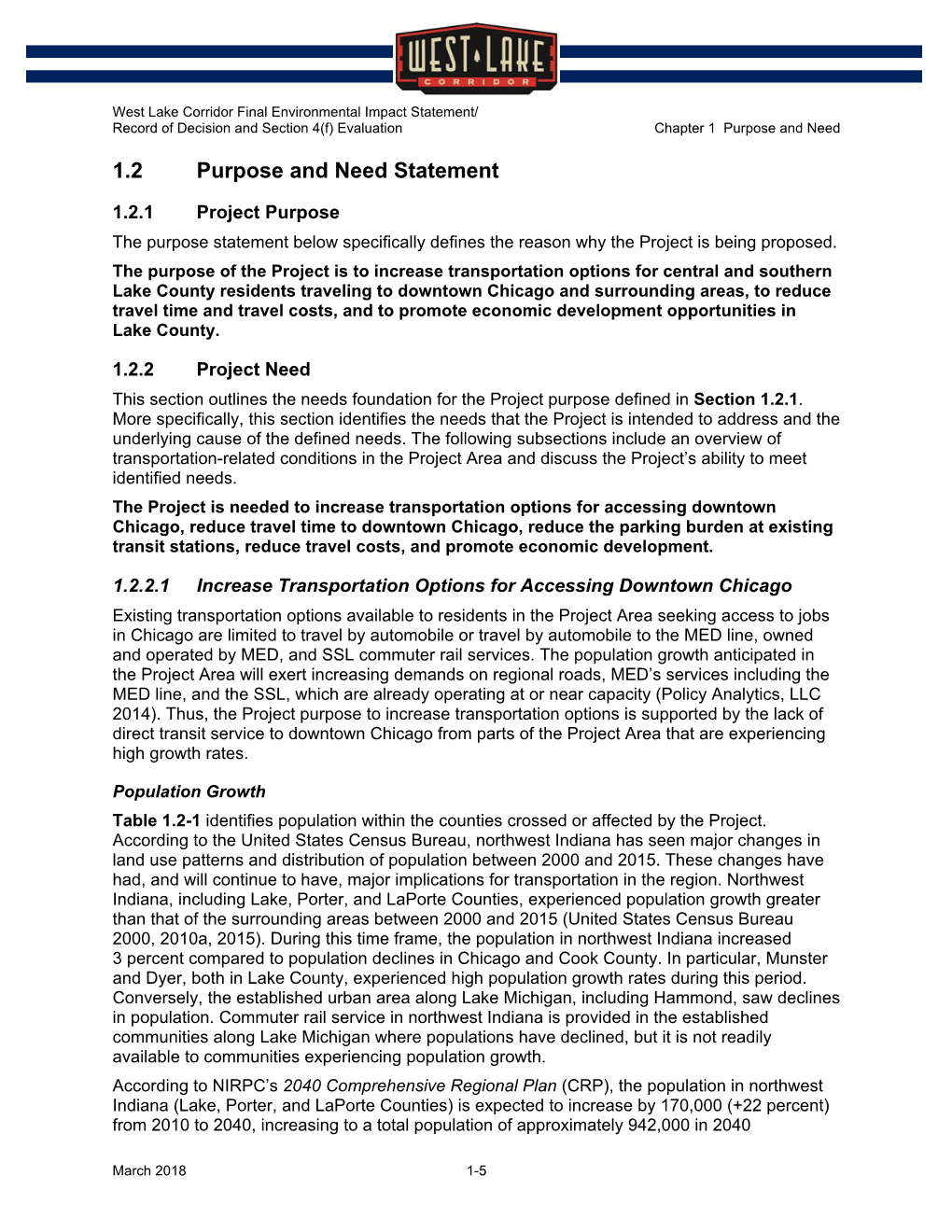 West Lake Corridor Final Environmental Impact Statement/ Record of Decision and Section 4(F) Evaluation Chapter 1 Purpose and Need