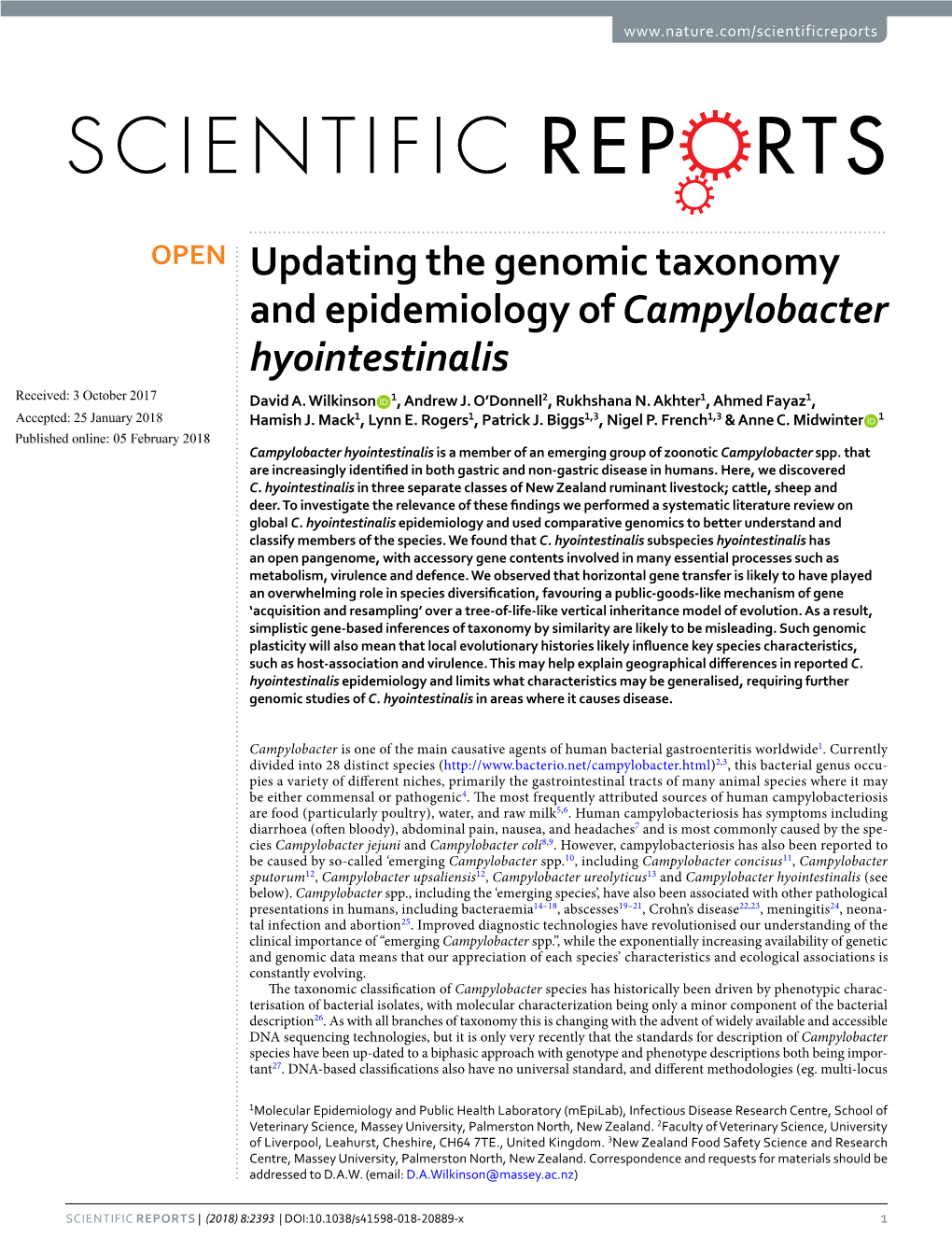 Updating the Genomic Taxonomy and Epidemiology of Campylobacter Hyointestinalis Received: 3 October 2017 David A