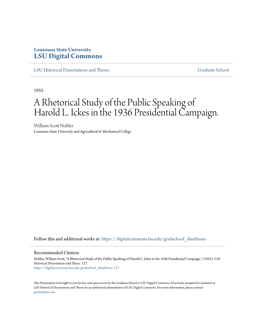 A Rhetorical Study of the Public Speaking of Harold L. Ickes in the 1936 Presidential Campaign