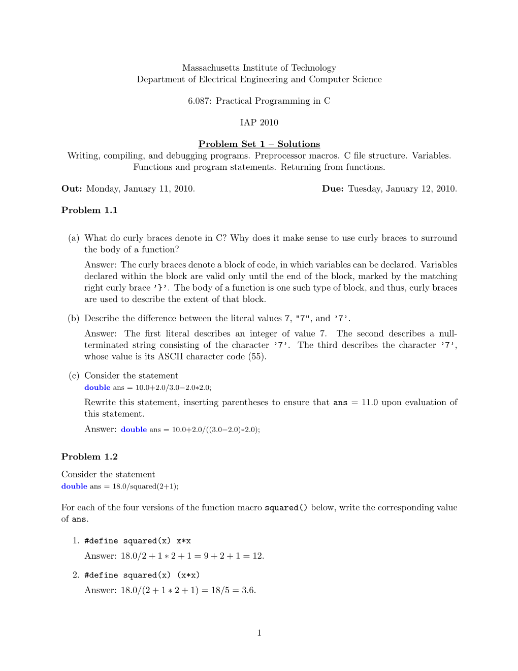 6.087 Practical Programming in C, Problem Set 1 Solutions