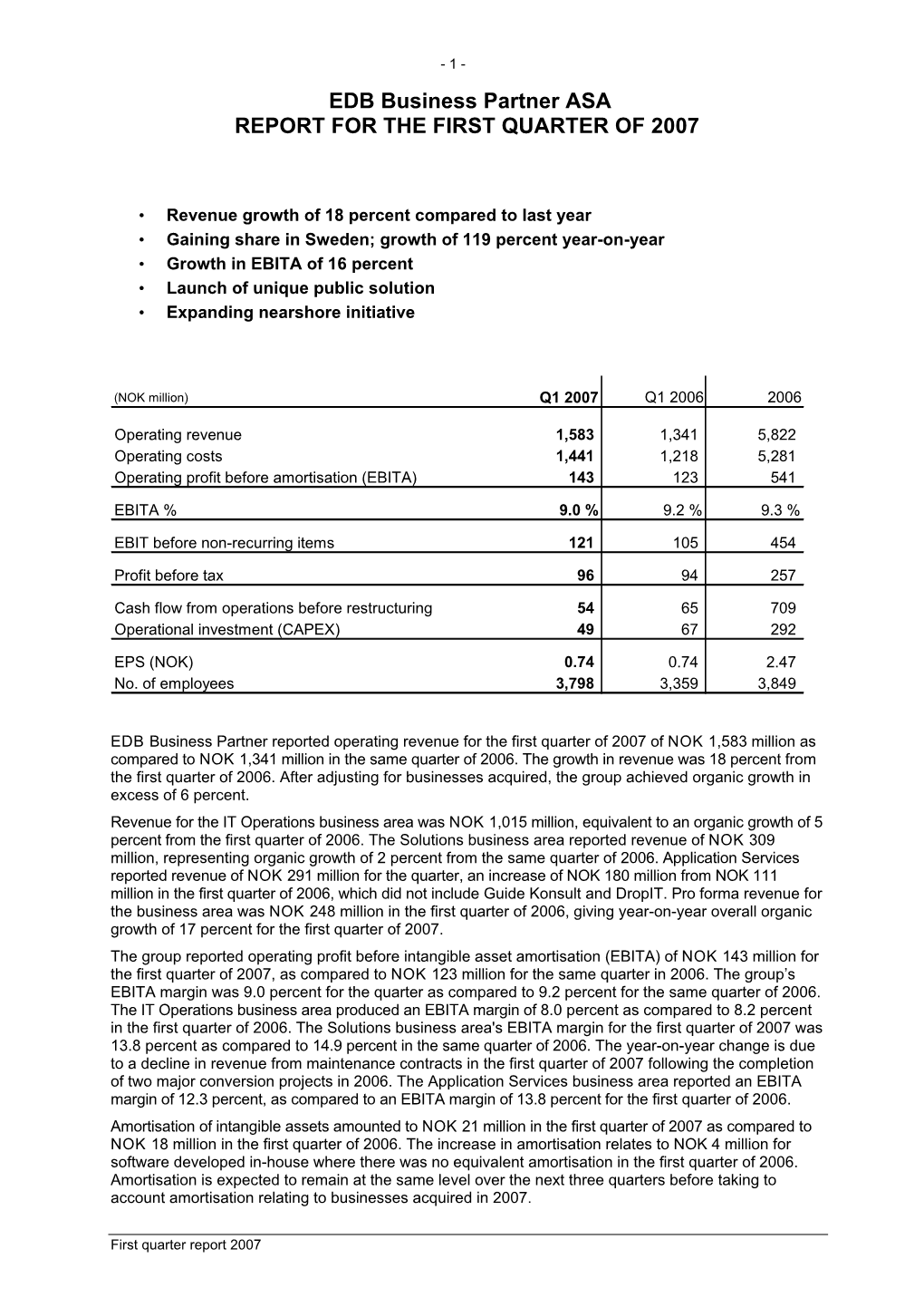 EDB Business Partner ASA REPORT for the FIRST QUARTER of 2007