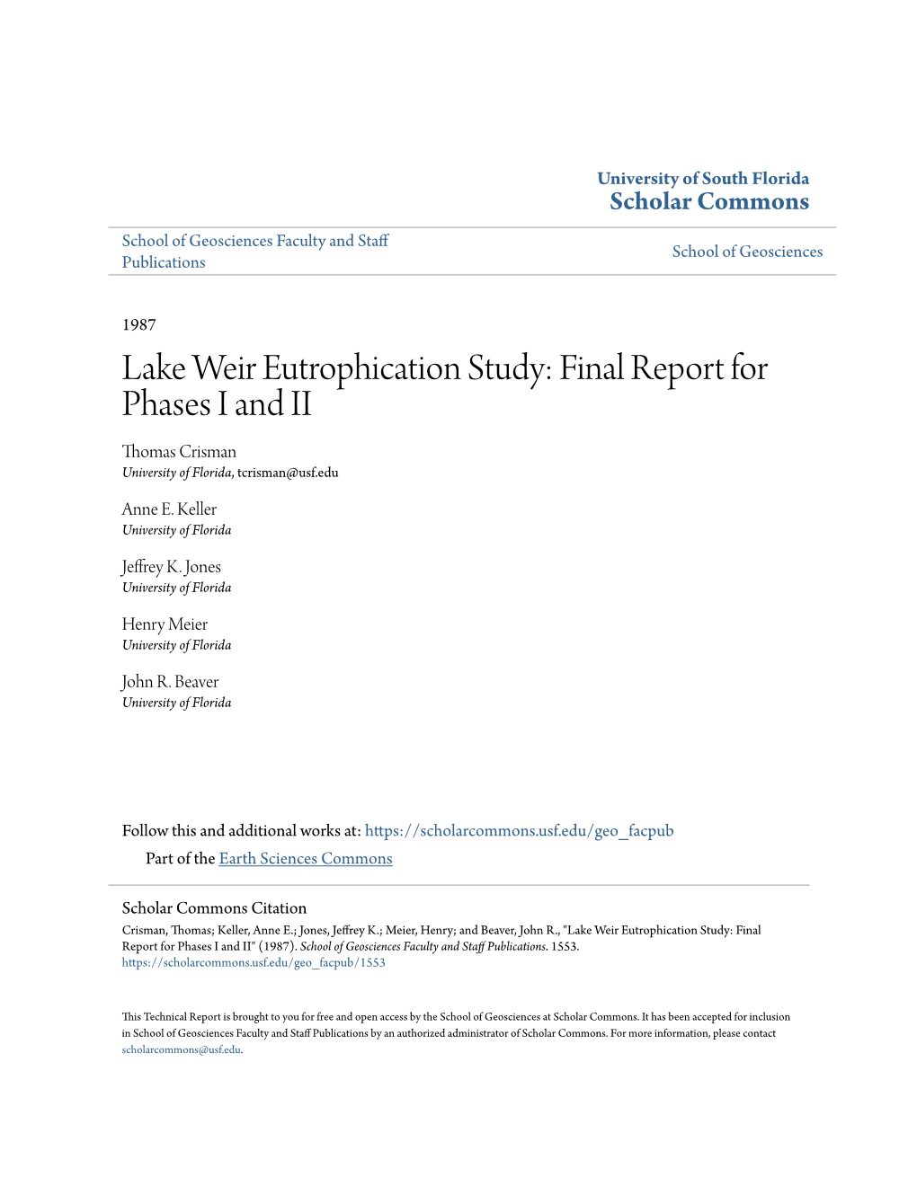 Lake Weir Eutrophication Study: Final Report for Phases I and II Thomas Crisman University of Florida, Tcrisman@Usf.Edu