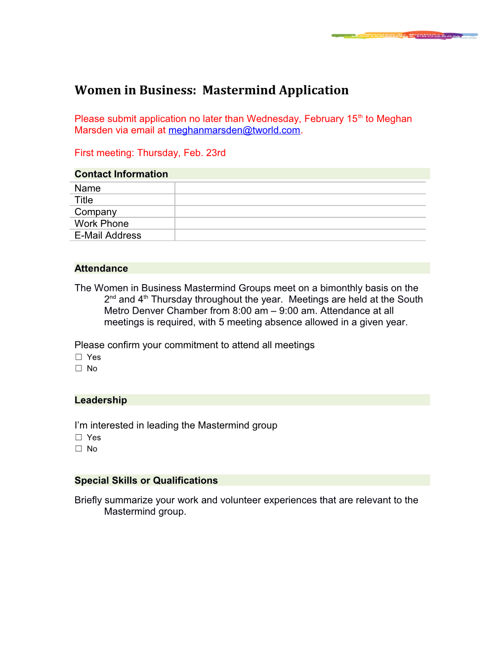 Women in Business: Mastermind Application