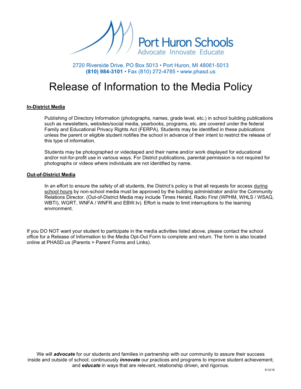 Release of Information to the Media Policy