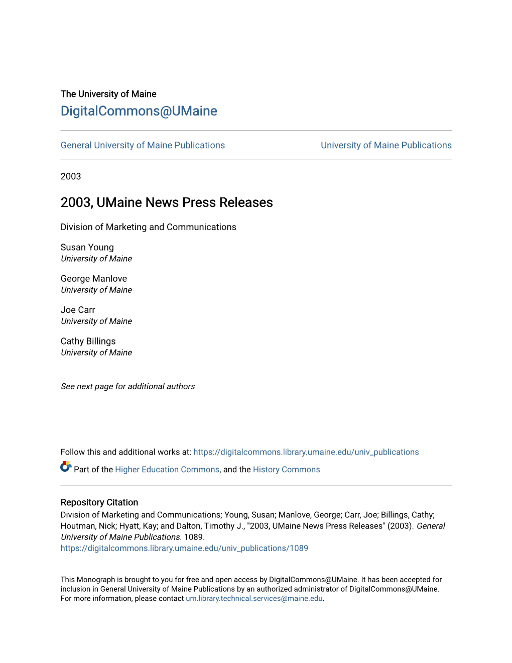 2003, Umaine News Press Releases