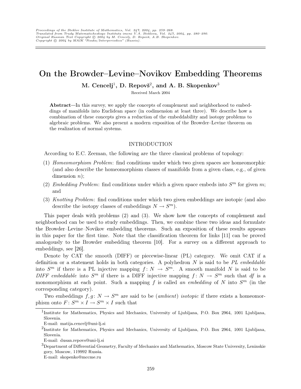 On the Browder–Levine–Novikov Embedding Theorems M