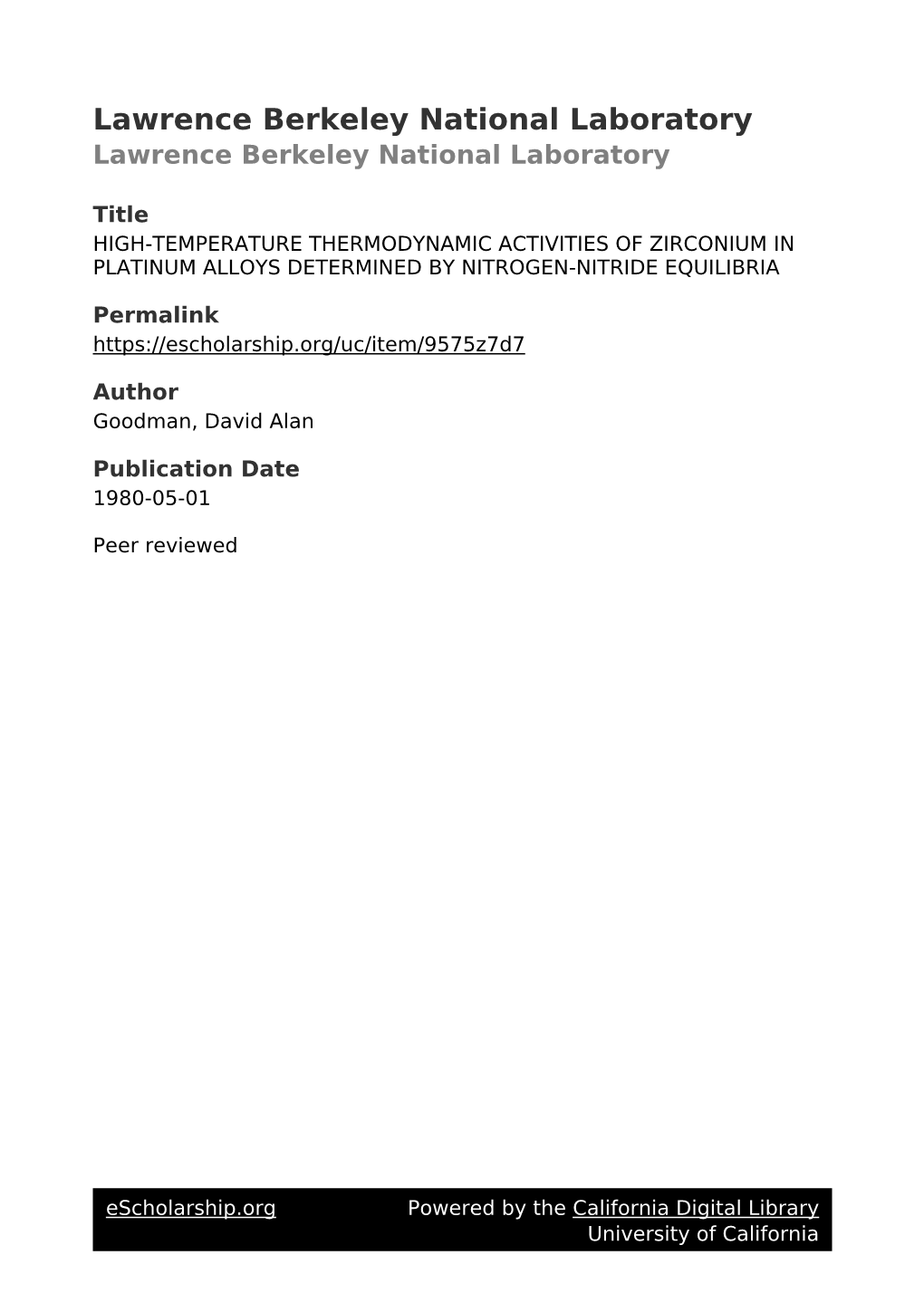 High-Temperature Thermodynamic Activities of Zirconium in Platinum Alloys Determined by Nitrogen-Nitride Equilibria