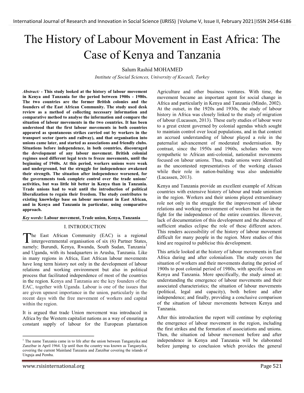 The History of Labour Movement in East Africa: the Case of Kenya and Tanzania