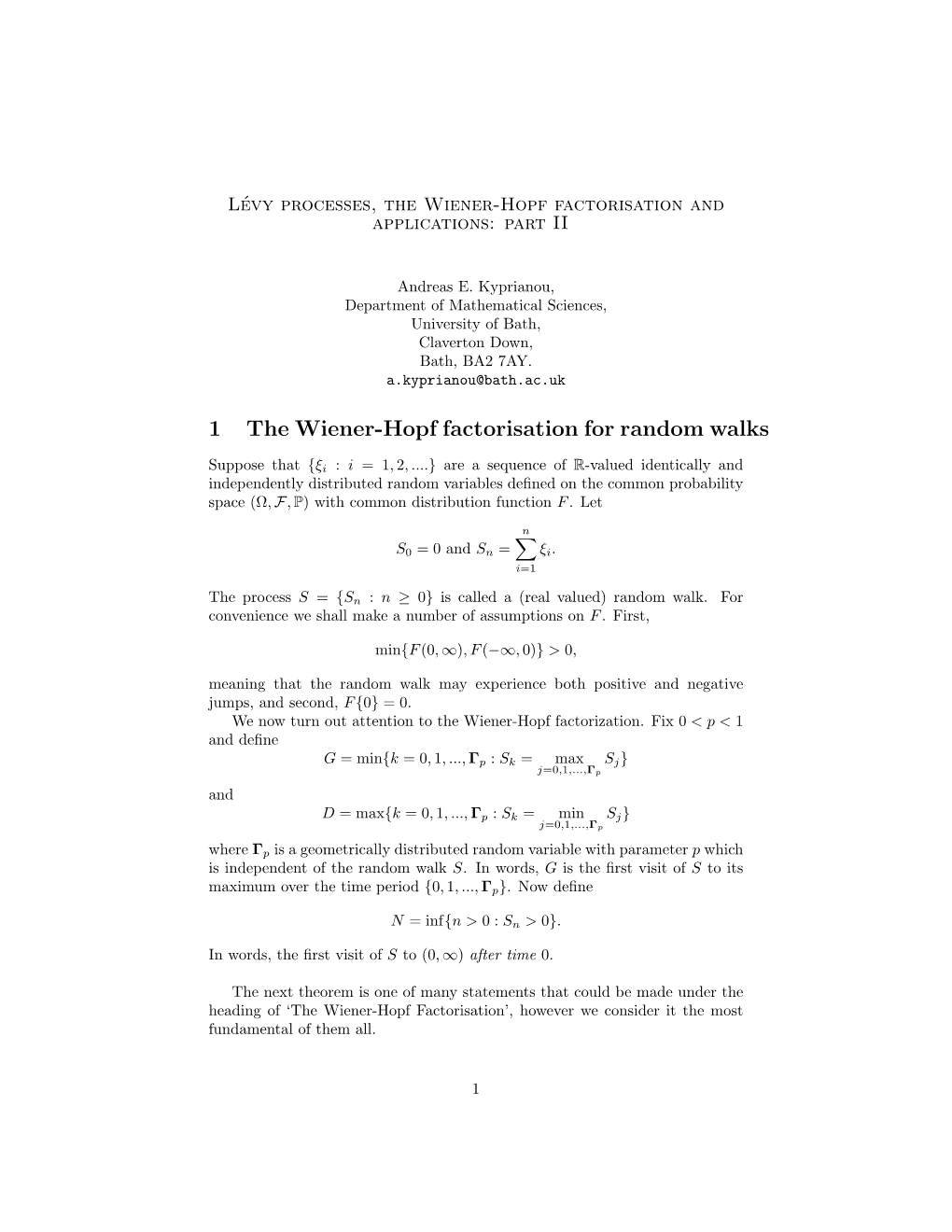 1 the Wiener-Hopf Factorisation for Random Walks