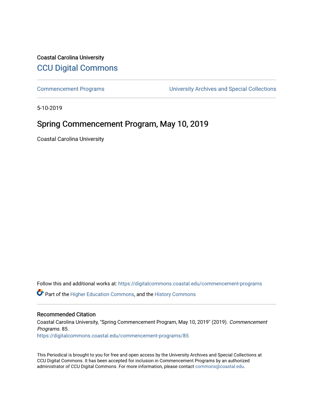 Spring Commencement Program, May 10, 2019