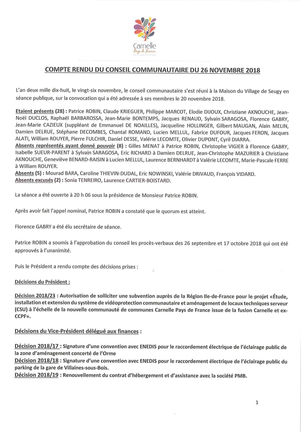 Compte-Rendu Du Conseil Communautaire Du 26