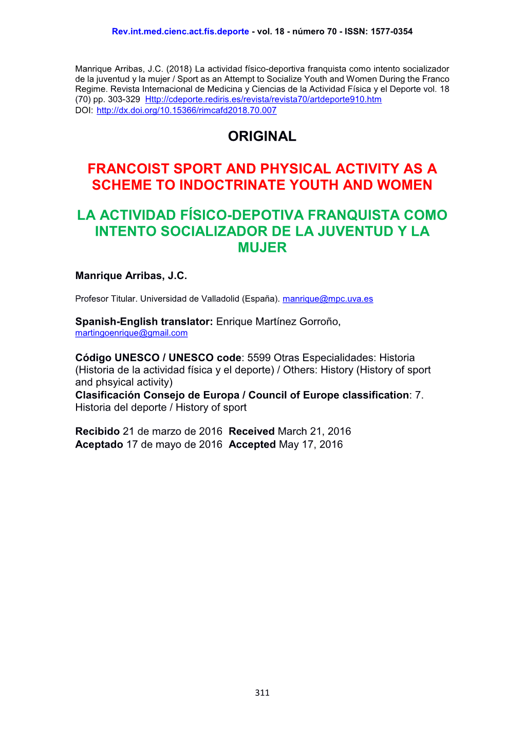 Original Francoist Sport and Physical Activity As A