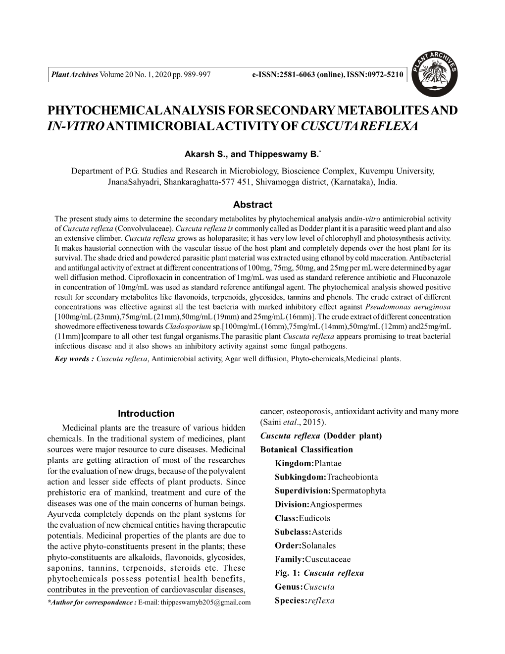 Phytochemical Analysis for Secondary Metabolites and In-Vitro Antimicrobial Activity of Cuscuta Reflexa